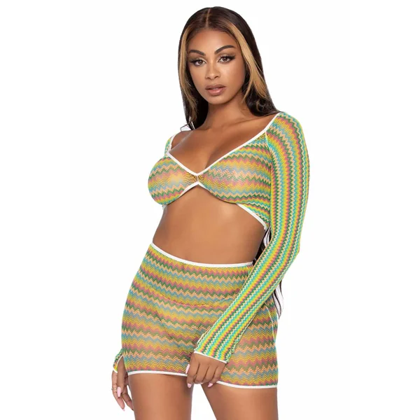 2 Piece Zigzag Net Gauntlet Sleeve Crop Top & Mini Skirt Set