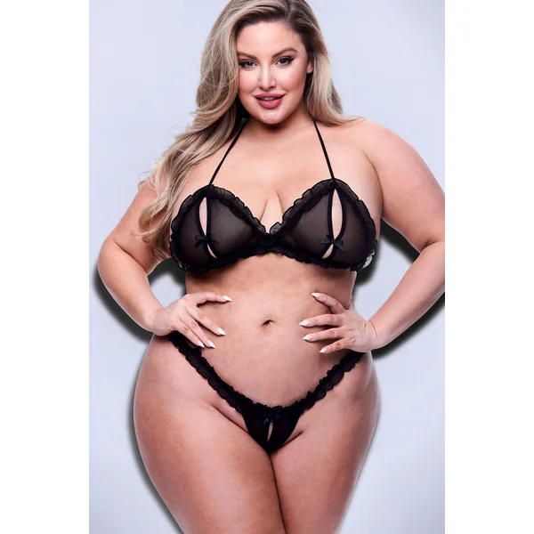 2Pc Peek-A-Boo Bra & Crotchless G-String Set | Plus Size