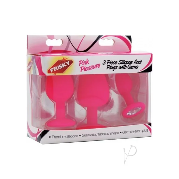 3 Piece Jeweled Butt Plug Kit Silicone Pink