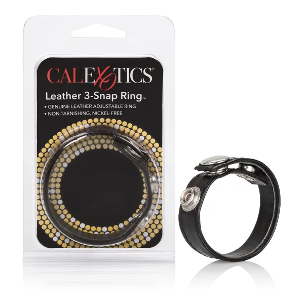 Adjustable Black Leather 3-Snap Cock Ring with Nickel-Free Snaps