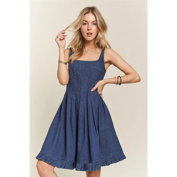 ADORA Smocked Back Square Neck Denim Dress