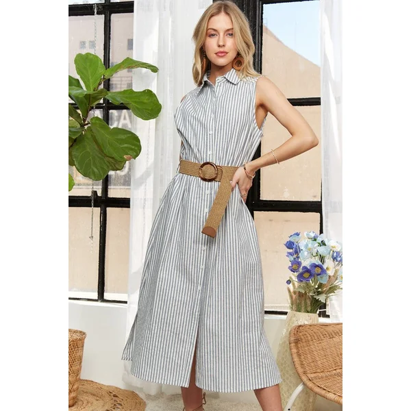ADORA Striped Button Down Sleeveless Midi Dress