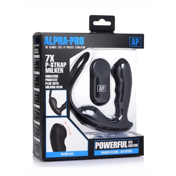 Alpha Pro 7x P-Strap Milker Silicone Rechargeable Vibrating Prostate Plug with Milking Bead, Cock and Ball Ring and Remote Control