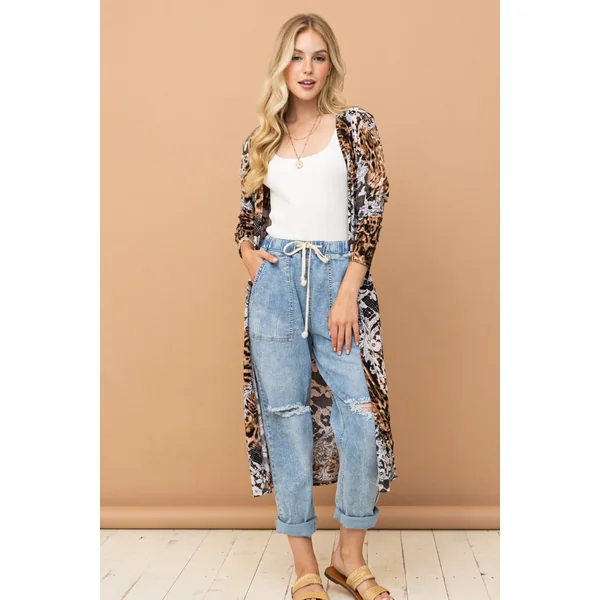 And The Why Leopard Kimono Open Front Longline Cardigan
