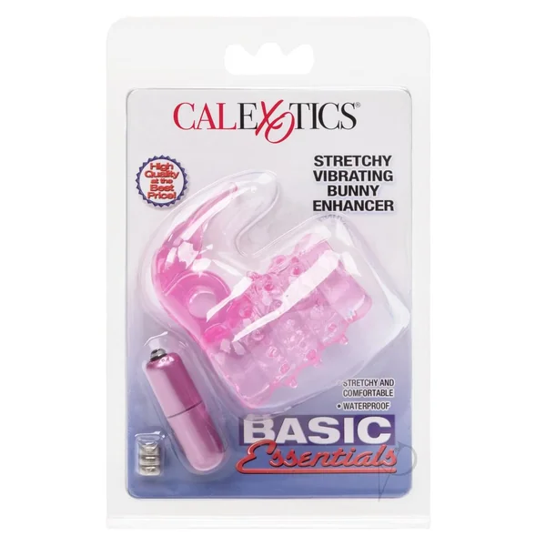 Basic Essentials Stretchy Vibrating Bunny Enhancer Cock Ring with Clitoral Stimulation - Pink