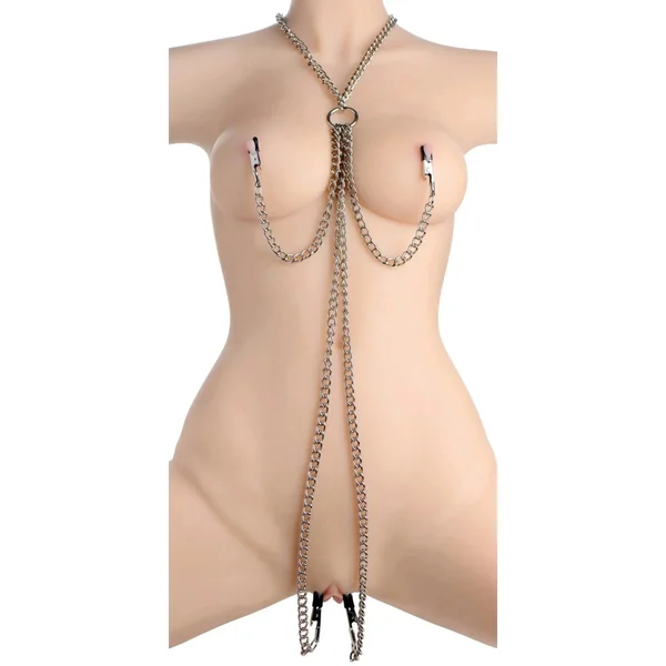 BDSM Slave Collar with Connected Nipple and Clit Clamps