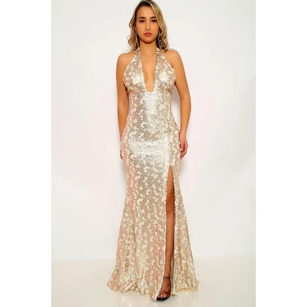 Beige Sequin Sleeveless Party Dress