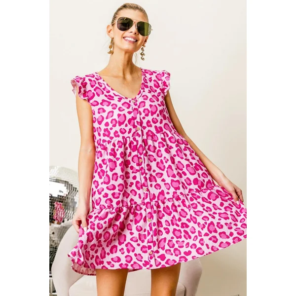 BiBi Leopard Cap Sleeve Tiered Mini Dress