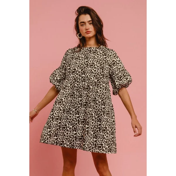 BiBi Leopard Denim Dress With Back Contrast Tie Detail