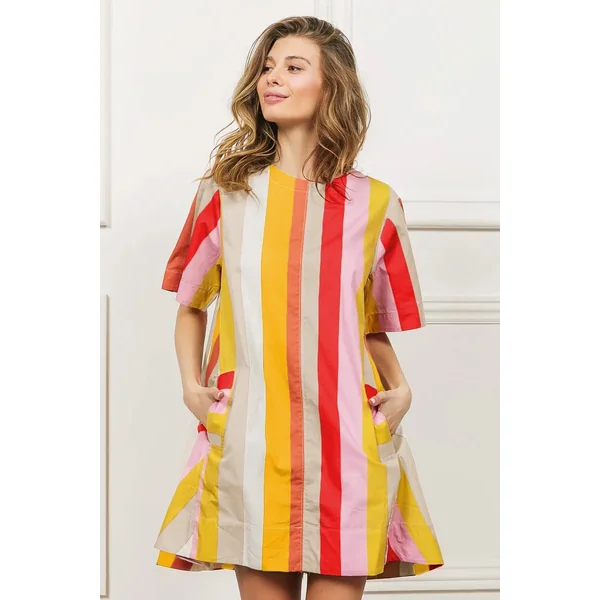 BiBi Multi Stripe Woven Flared Midi Dress