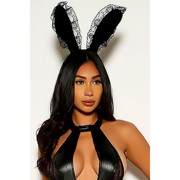 Black Faux Velvet Lace Trim Ears Headband Costume Accessory