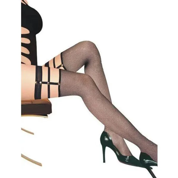 Black Fishnet Harness Thigh Highs - One Size Fits Most