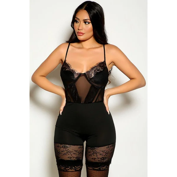 Black Sleeveless Lace Trim Romper Lingerie