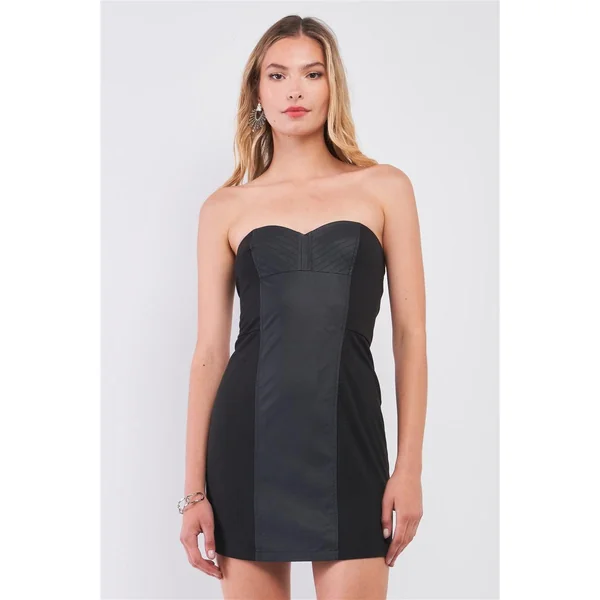 Black Sleeveless Strapless Faux Leather Insert Trim Sweetheart Neck Bodycon Mini Dres