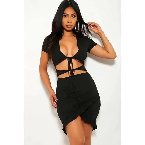 Black V-Neck Ruffle Trim Strappy Sexy Party Dress