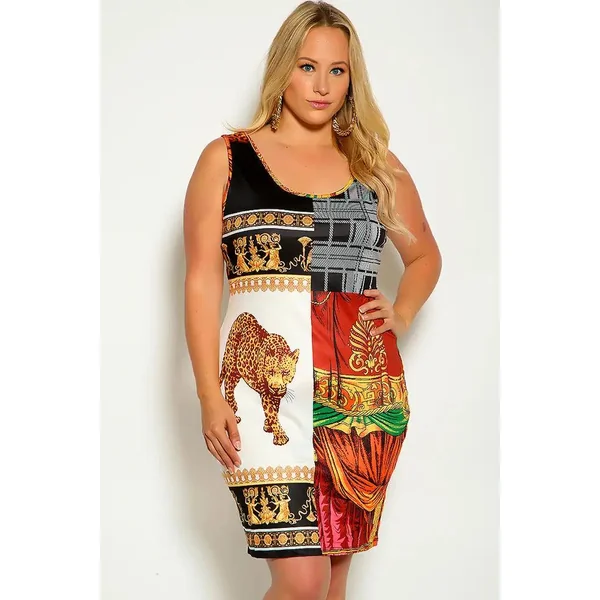 Black White Orange Sleeveless Graphic Print Plus Size DRess