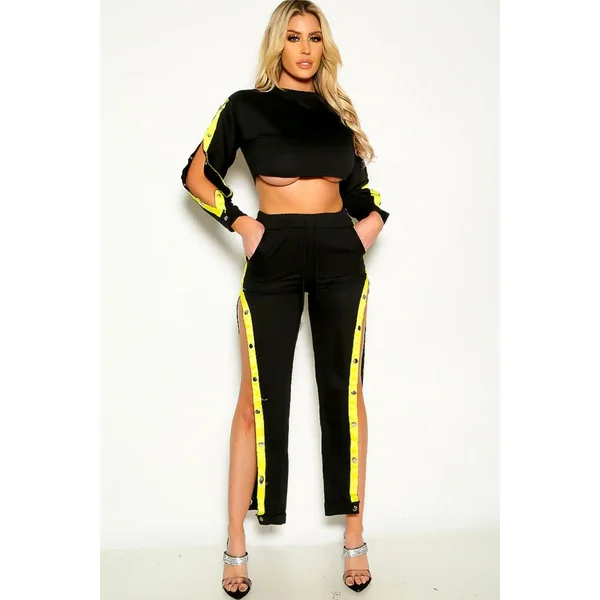 Black Yellow Vertical Striped Side Button Sporty Outfit