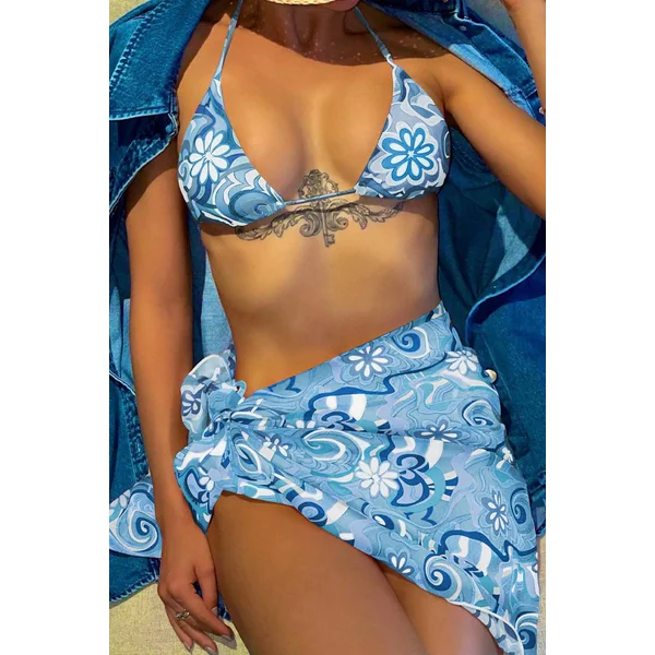 Blue Halter Graphic Print Mesh Cover Up Three Piece Swimsuit