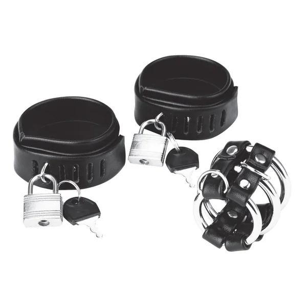 Blue Line Locking Ball Stretcher & Cock Ring & Three Ring Cock Cage Set Black