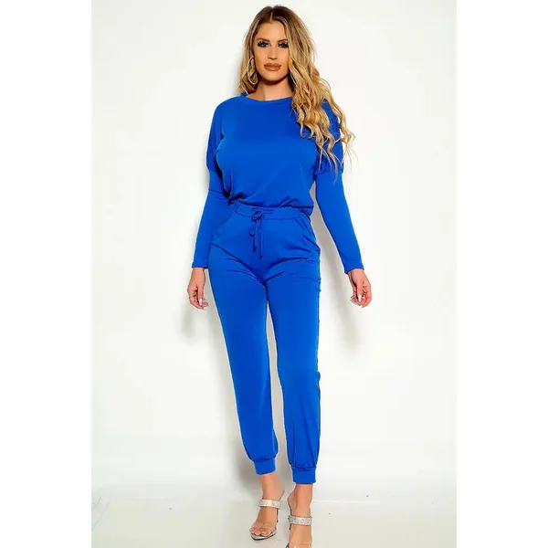 Blue Long Sleeve Comfortable Two Piece Lounge Wear Outfit