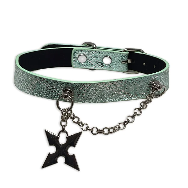 Blue-Green Snakeskin Collar with Shuriken Star Pendant by Fetish Pleasure Play