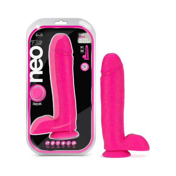 Blush Neo Elite 10 inches Silicone Dual Density Dildo with Balls & Suction Cup Neon Pink