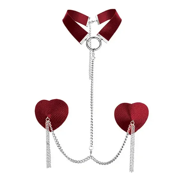 Bondage Lingerie Nipplicious Leather BDSM Collar & Pasties With Chain Red