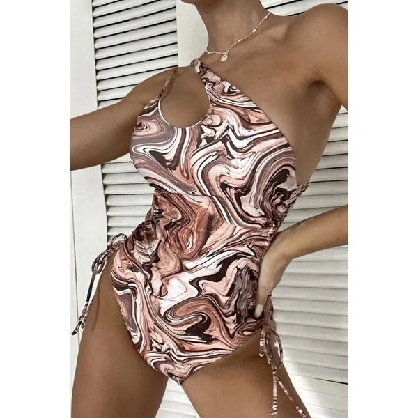 Brown Printed One Shoulder Sexy One Piece Swimsuit