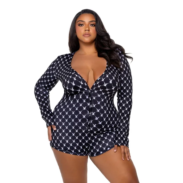 Bunny Cozy Lounge Romper Logo Black Cozy Fleece Plus Size