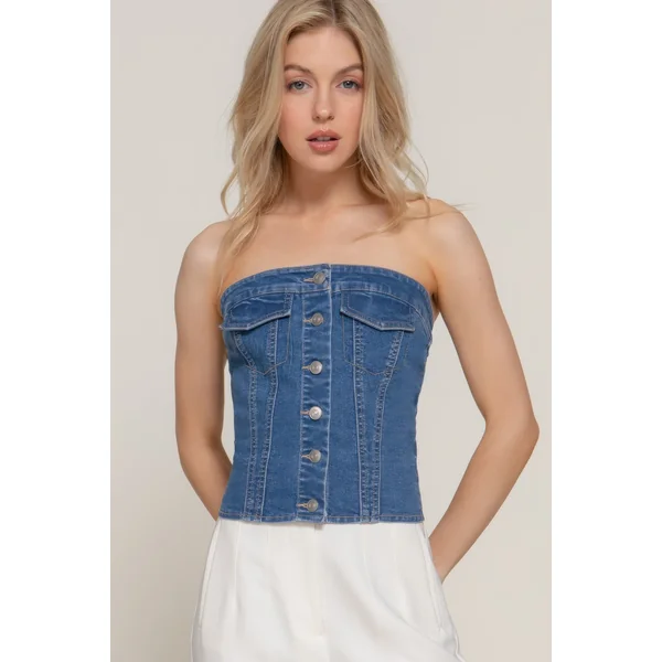 Button Down Placket Stretch Denim Tube Top