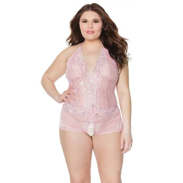 Coquette - 21510 Plus - Crotchless Teddy - Pink - OS/XL