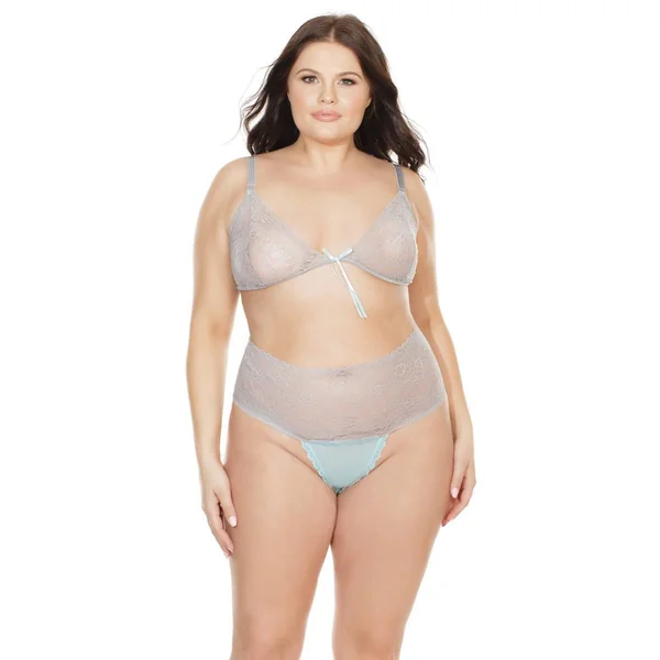 Coquette - 7055X - Bra and Crotchless Panty - Misty Blue/Grey - OS/XL