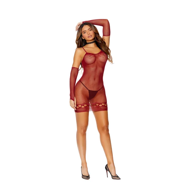CROCHET MINI DRESS W/ MATCHING GLOVES BURGUNDY