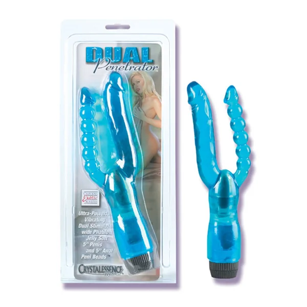 CRYSTALESSENCE DUAL PENETRATOR VIBRATOR WITH PLIABLE PENIS AND ANAL BEADS 5 INCH BLUE