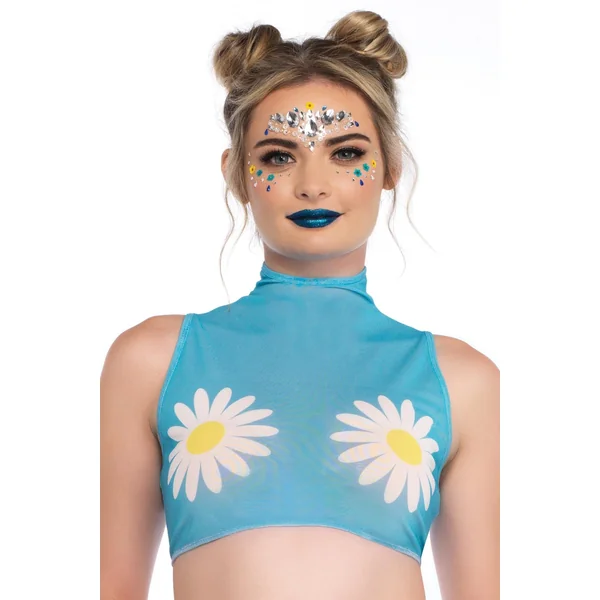 Daisy High Neck Mesh Crop Top With Zipper Back