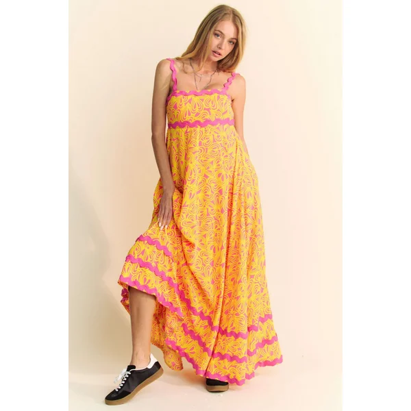 Davi & Dani Geo 2 Tone Printed Wavi Trim Tiered Maxi Dress