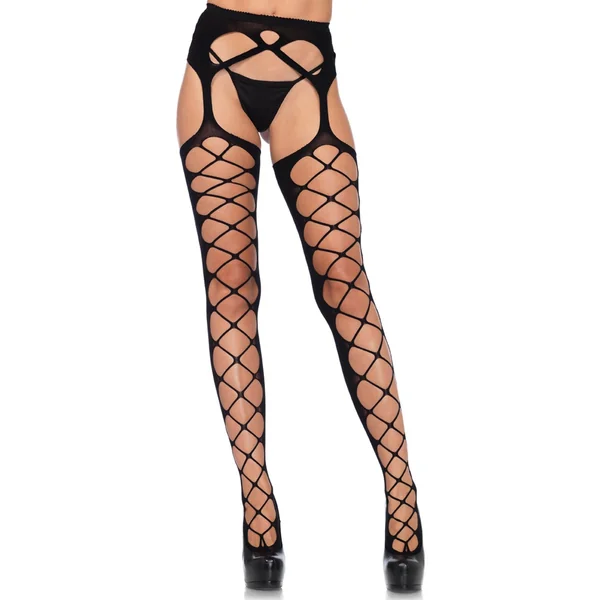 Diamond Net Opaque Stockings With Attached Garterbelt