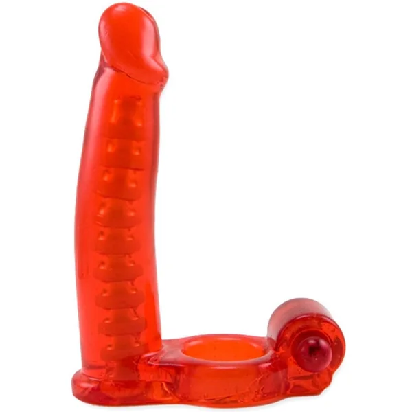 Double Penetrator Vibrating Cock Ring with Bendable Dildo - Red
