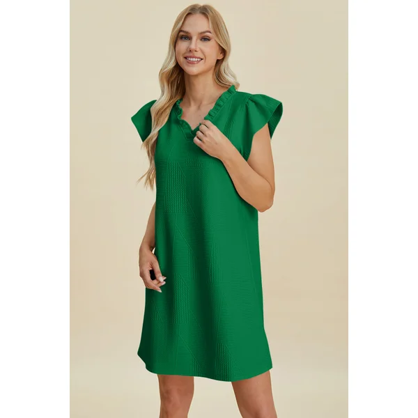 Double Take Full Size Ruffled V-Neck Cap Sleeve Dress