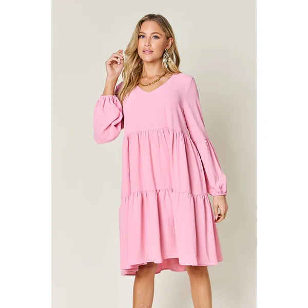 Double Take Full Size V-Neck Balloon Sleeve Tiered Dress with Pockets