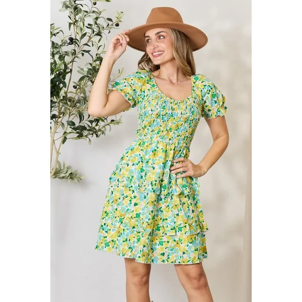 Double Take Smocked Scoop Neck Flounce Sleeve Mini Dress