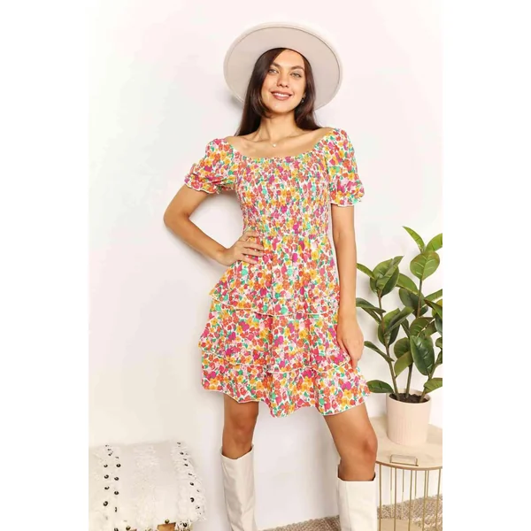 Double Take Smocked Sweetheart Neck Flounce Sleeve Mini Dress