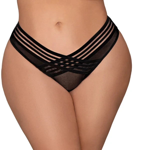 Dreamgirl Mesh Thong With Shadow Stripe Elastic Front Detail Black 3x