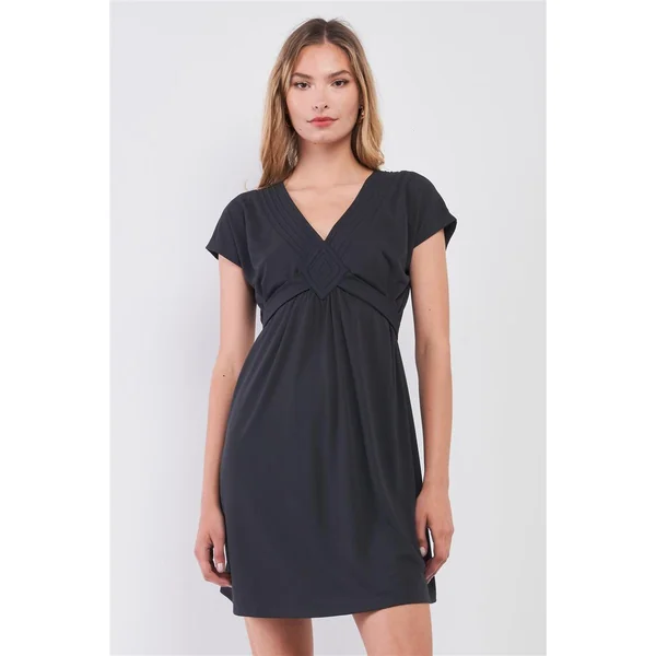 Dusty-navy V-neck Short Sleeve Front Rhombus Detail Back Tie Mini Dress