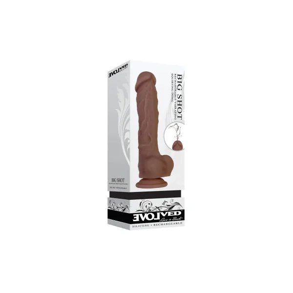 Evolved Big Shot Rechargeable Vibrating Squirting Silicone Dildo, 6.0 Inch Insertable, 1.63 Inch Max Width, Dark Skin