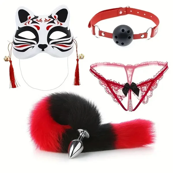 Eye Mask Mouth Ball Panties Four-piece Red Black Fox Tail Anal Plug