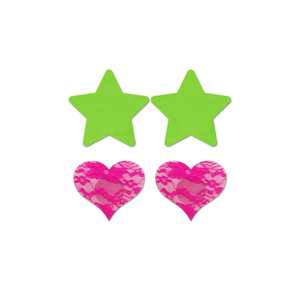 Fantasy Lingerie - Glow - Neon Green Solid Star & Neon Pink Lace Heart Pasties Set - 2PC