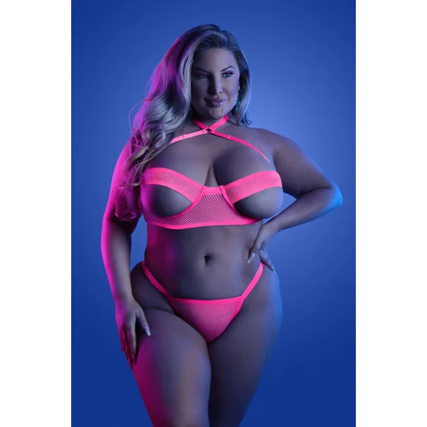 Fantasy Lingerie - Glow - Slow Motion Bra & Panty - Neon Pink - Queen Size