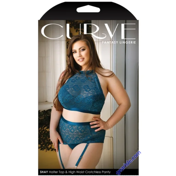 Fantasy Lingerie Shay Lace Halter Bra Top Crotchless Panty Teal
