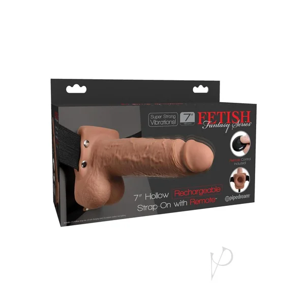 Fetish Fantasy Series Rechargeable Hollow Strap-On Dildo with Balls and Harness with Remote Control 7in - Caramel